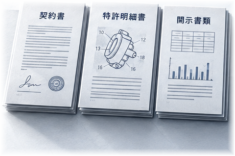契約書、特許明細書、開示書類の束